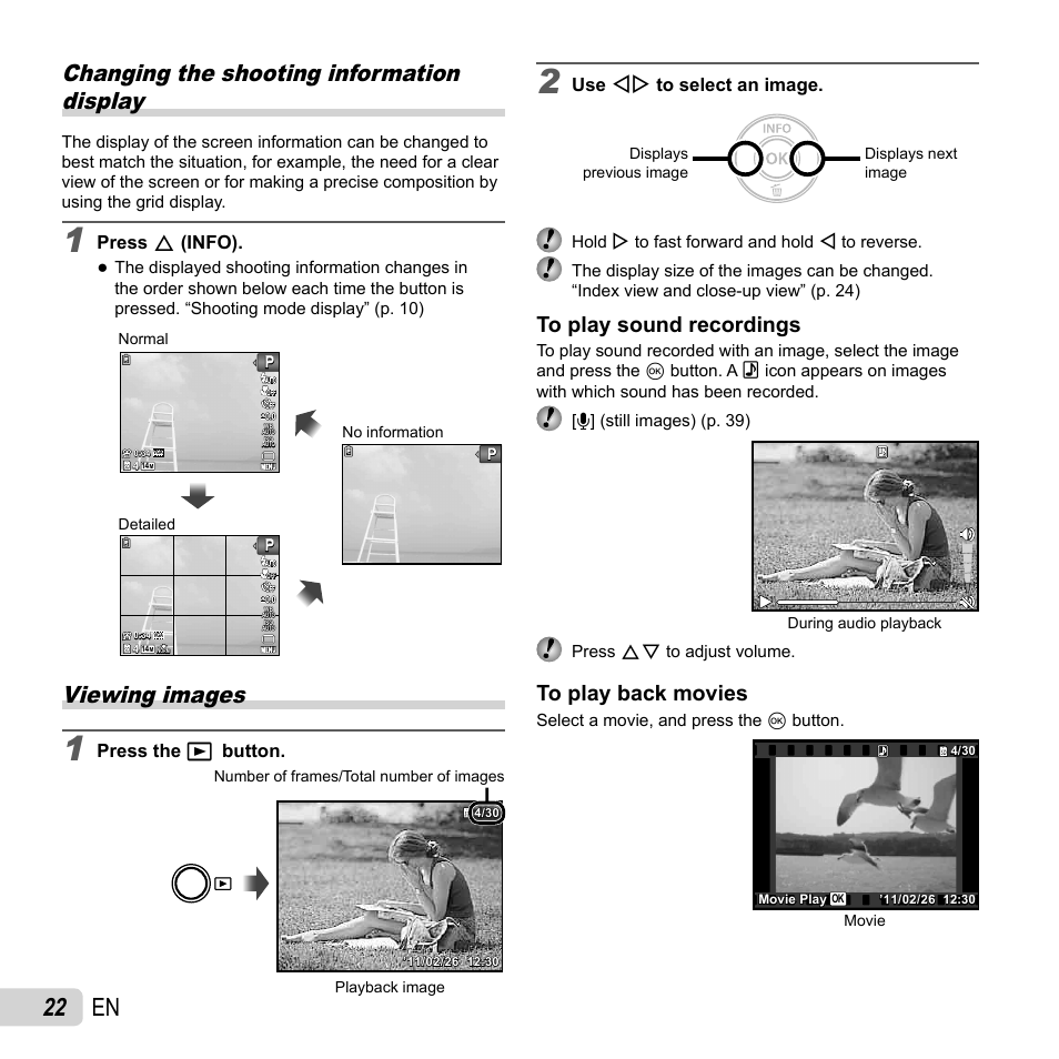 22 en, Changing the shooting information display, Viewing images | Press f (info), Press the q button, Use hi to select an image | Olympus VR-310 User Manual | Page 22 / 76