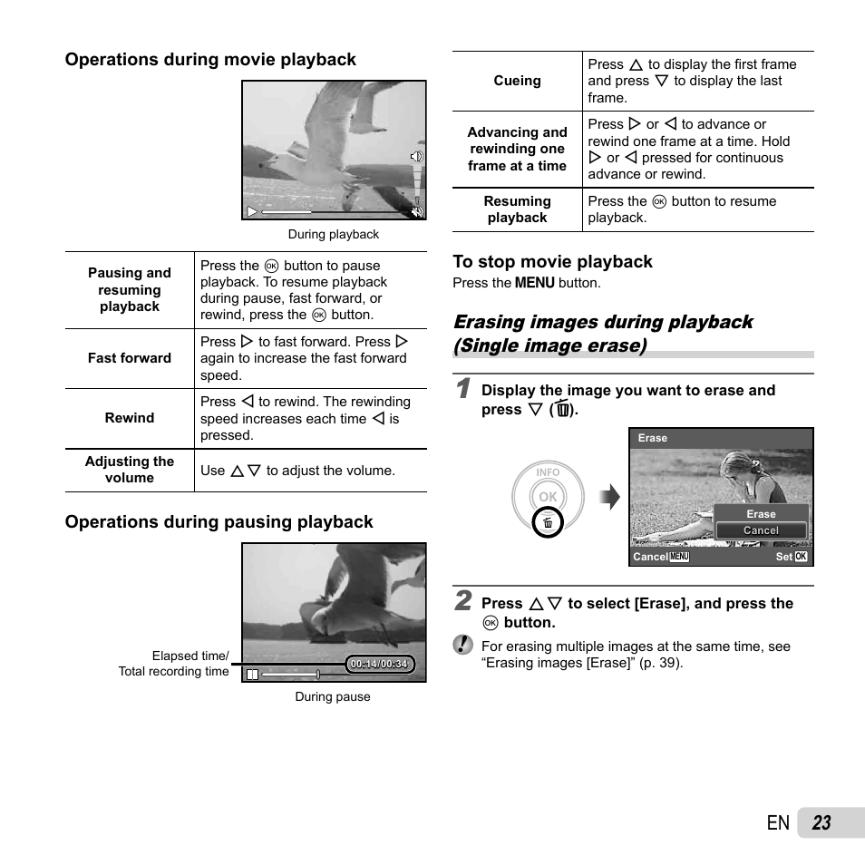 23 en, Operations during movie playback, Operations during pausing playback | Olympus VR-310 User Manual | Page 23 / 76
