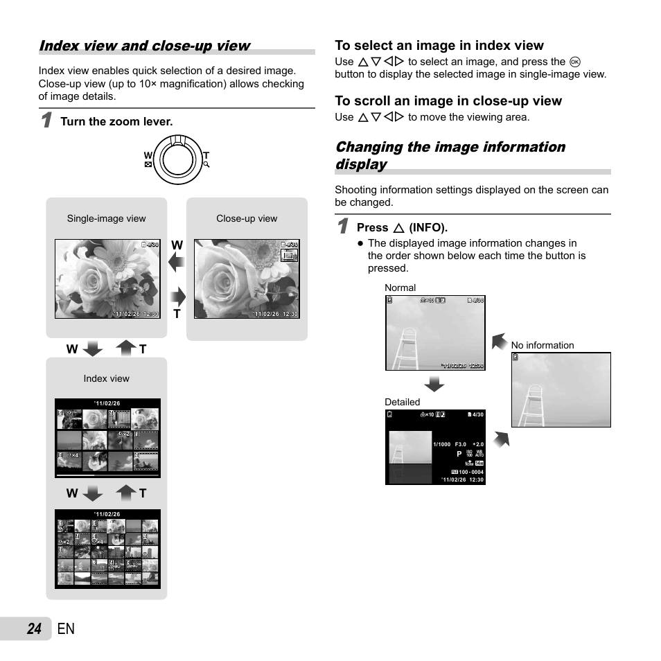 24 en, Index view and close-up view, Changing the image information display | Turn the zoom lever, Press f (info) | Olympus VR-310 User Manual | Page 24 / 76