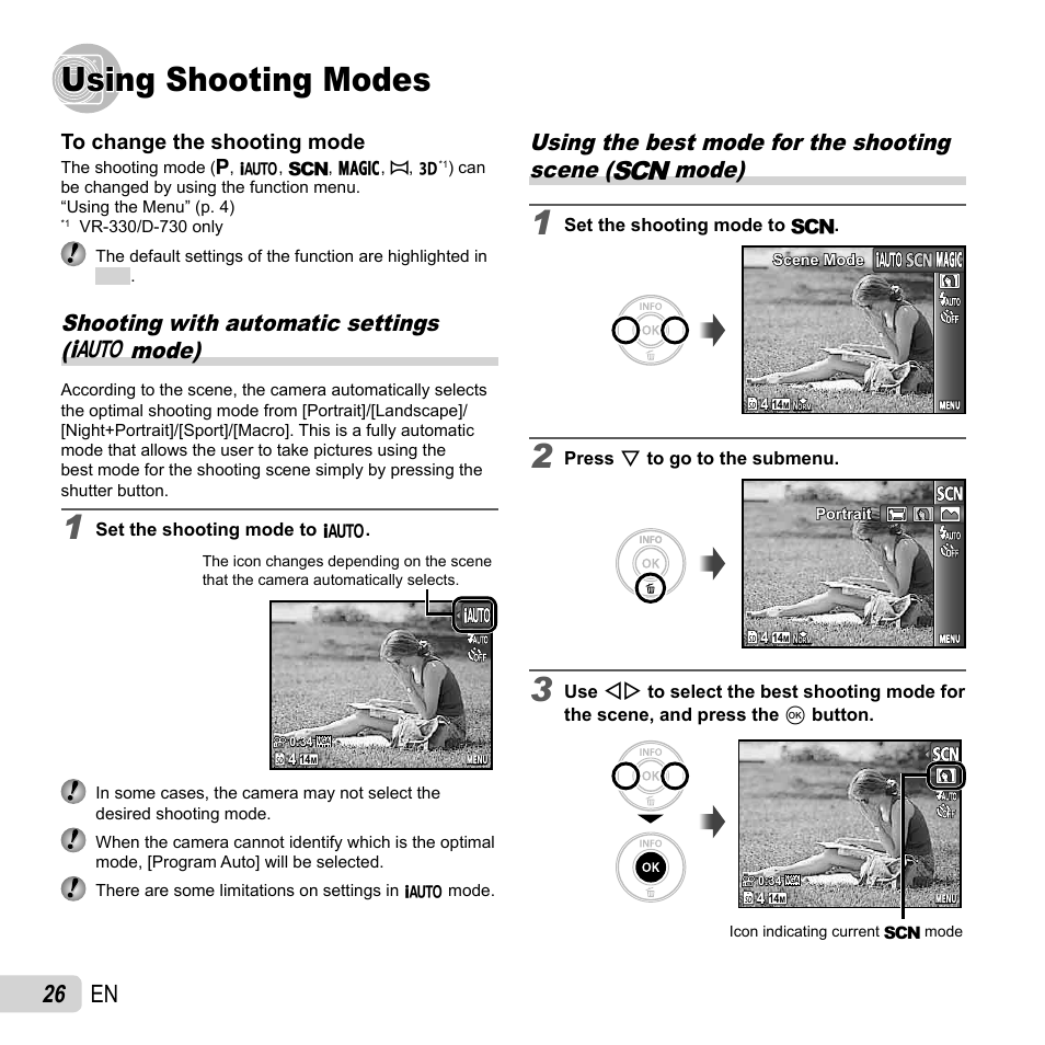 Using shooting modes, 26 en, Shooting with automatic settings ( m mode) | Olympus VR-310 User Manual | Page 26 / 76