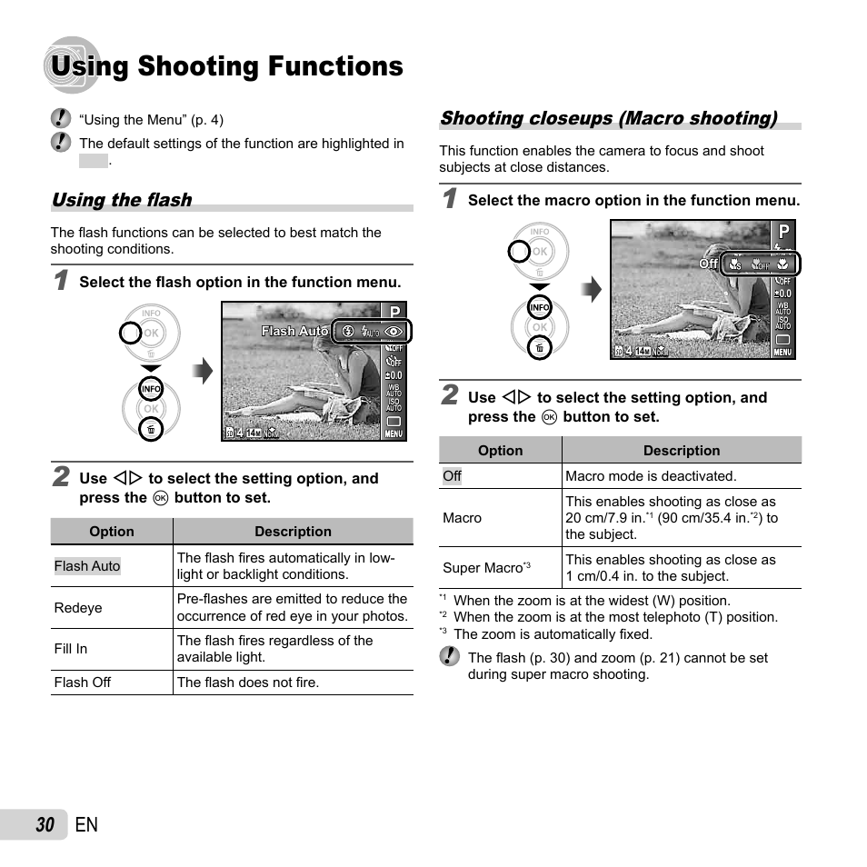 Using shooting functions, 30 en, Using the fl ash | Shooting closeups (macro shooting) | Olympus VR-310 User Manual | Page 30 / 76