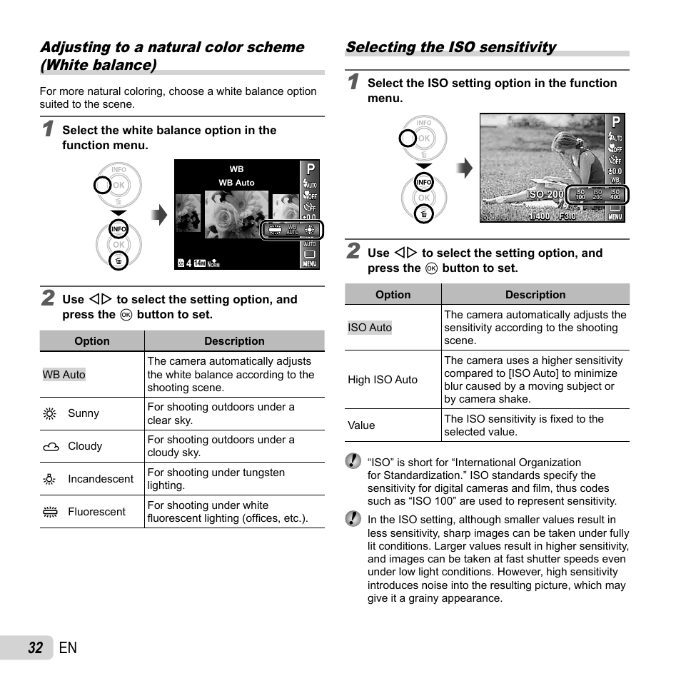 32 en, Selecting the iso sensitivity | Olympus VR-310 User Manual | Page 32 / 76