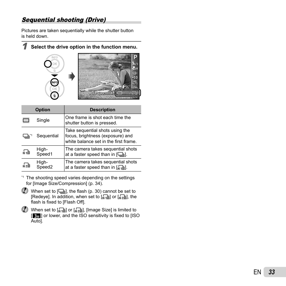 33 en, Sequential shooting (drive) | Olympus VR-310 User Manual | Page 33 / 76