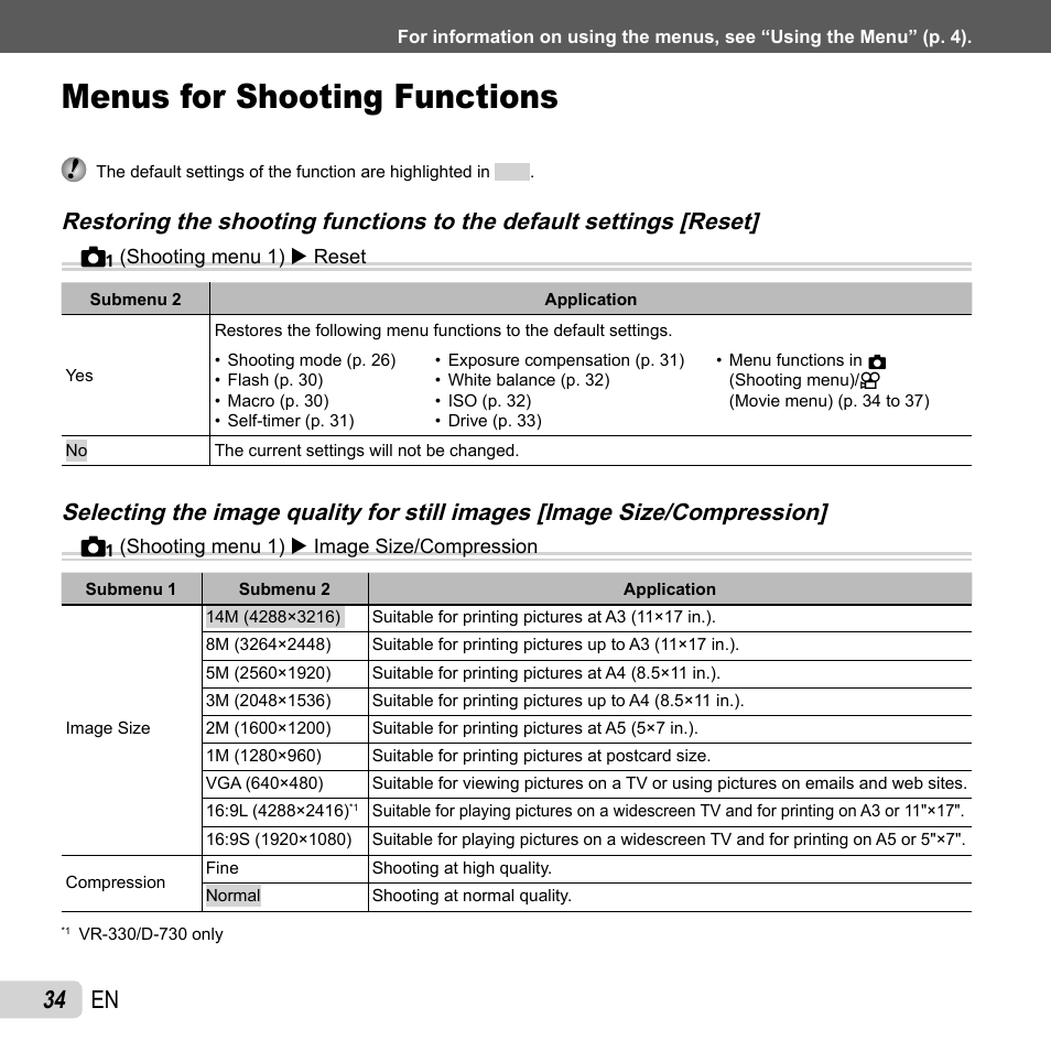 Menus for shooting functions, 34 en | Olympus VR-310 User Manual | Page 34 / 76