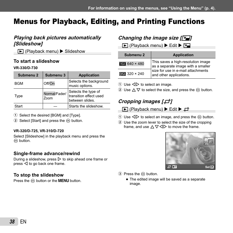 38 en, Changing the image size, Changing the image size [ q q | Cropping images, Cropping images [ p p | Olympus VR-310 User Manual | Page 38 / 76