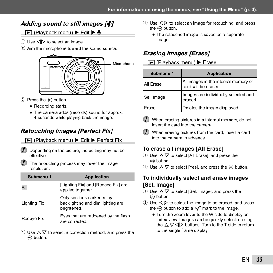 39 en, Retouching images [perfect fix, Erasing images [erase | Olympus VR-310 User Manual | Page 39 / 76