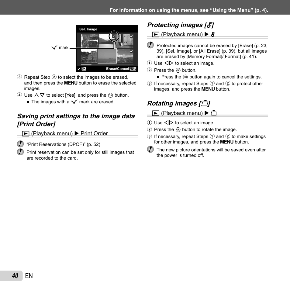40 en, Protecting images [ protecting images, Rotating images [ rotating images [ y y | Olympus VR-310 User Manual | Page 40 / 76