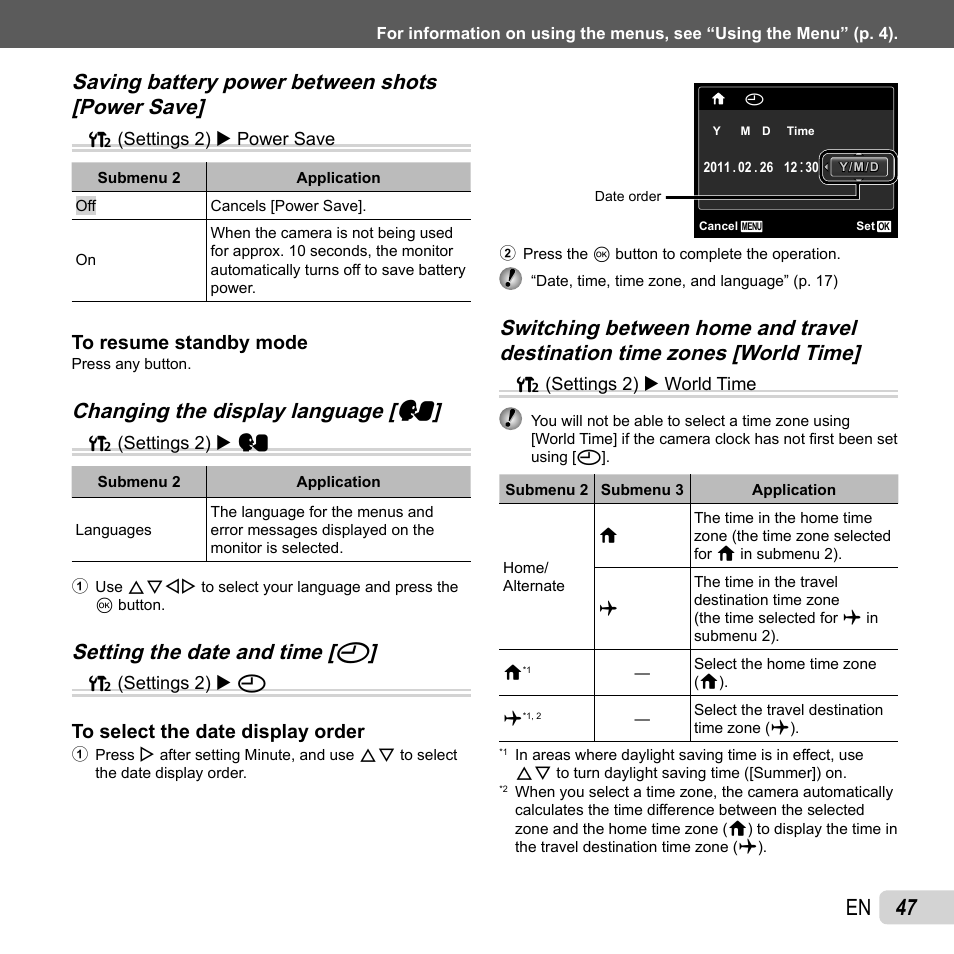 47 en, Changing the display language, Changing the display language [ w w | Setting the date and time, Setting the date and time [ x x | Olympus VR-310 User Manual | Page 47 / 76