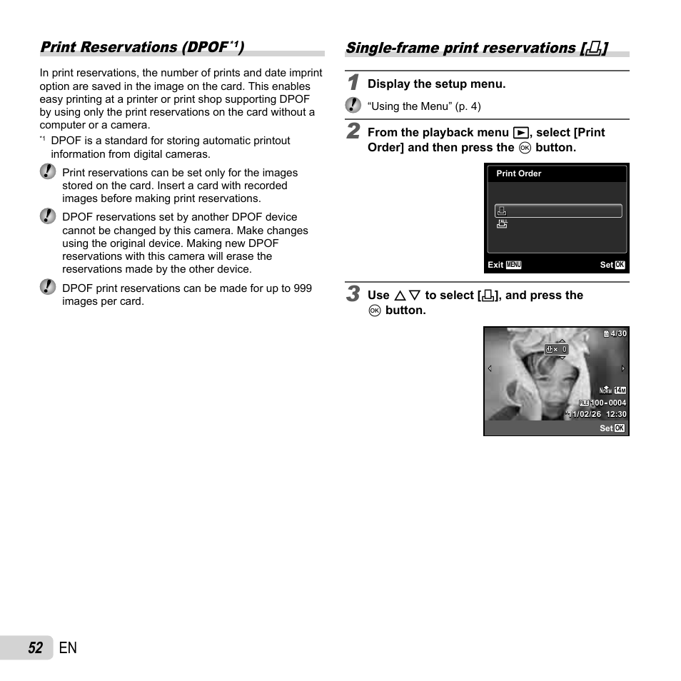 52 en, Print reservations (dpof, Single-frame print reservations | Olympus VR-310 User Manual | Page 52 / 76