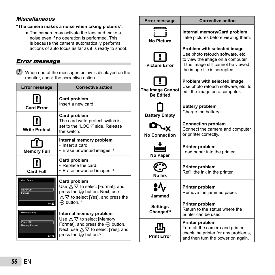 56 en, Error message, Miscellaneous | Olympus VR-310 User Manual | Page 56 / 76