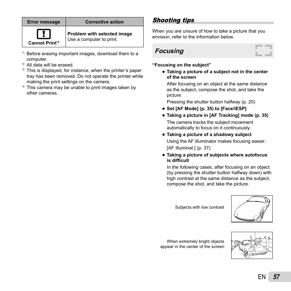 57 en, Shooting tips, Focusing | Olympus VR-310 User Manual | Page 57 / 76
