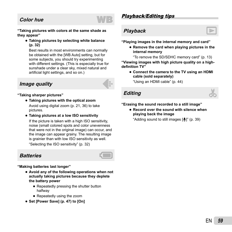 59 en, Color hue, Image quality | Batteries, Playback/editing tips playback, Editing | Olympus VR-310 User Manual | Page 59 / 76