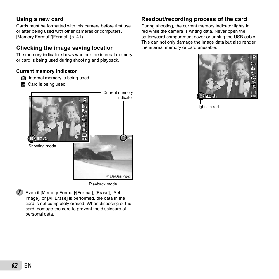62 en, Using a new card, Checking the image saving location | Readout/recording process of the card | Olympus VR-310 User Manual | Page 62 / 76