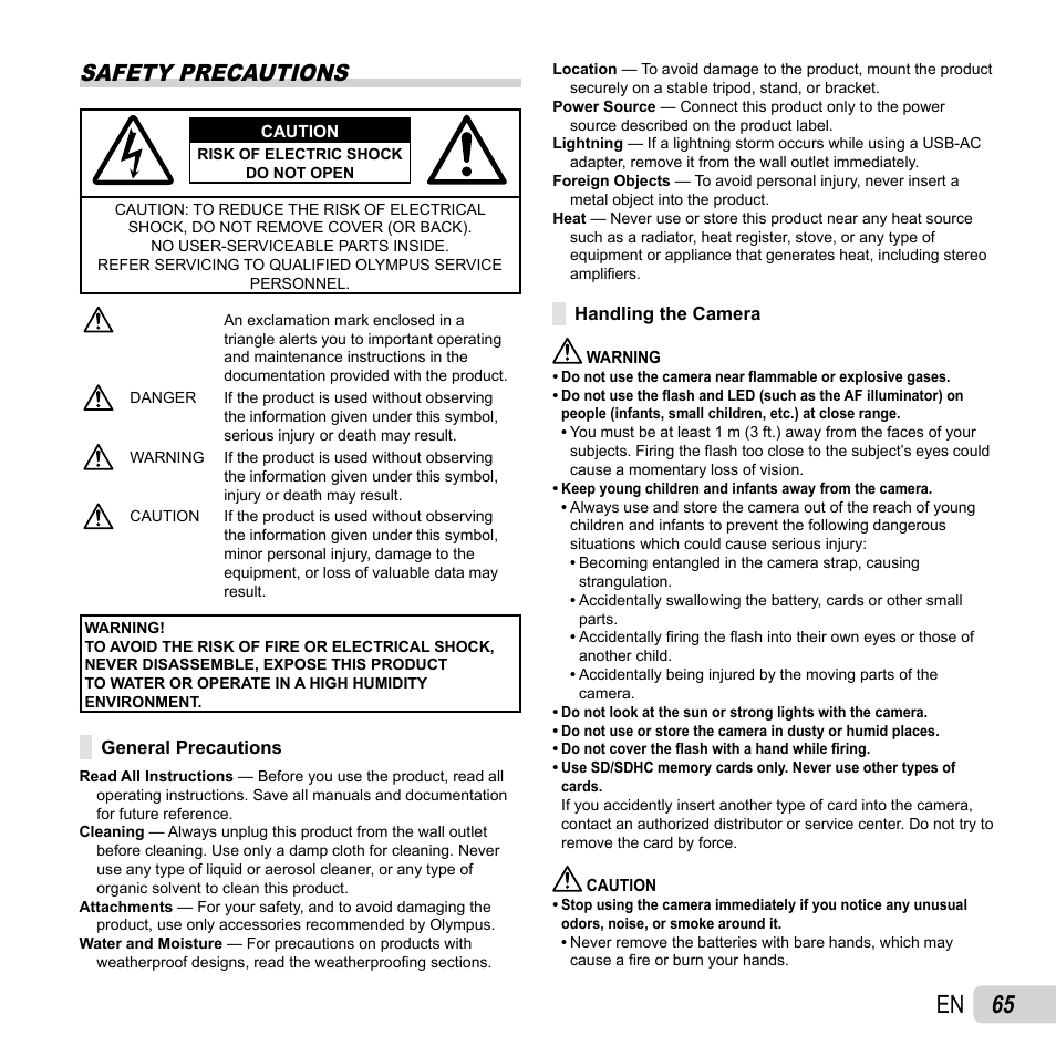 65 en, Safety precautions | Olympus VR-310 User Manual | Page 65 / 76