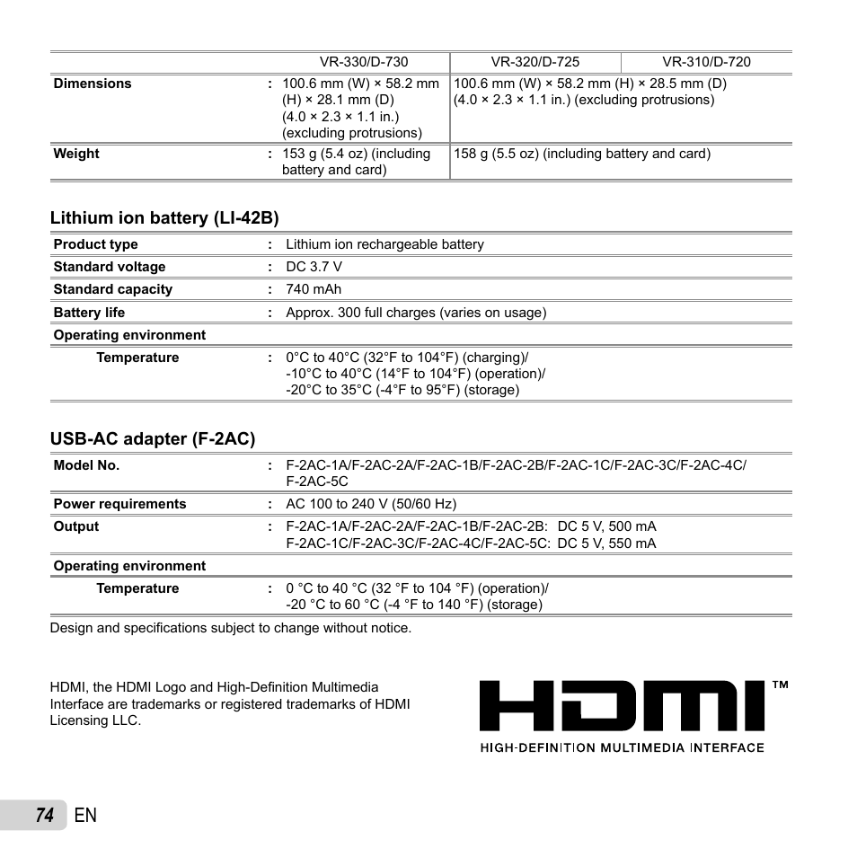 74 en, Lithium ion battery (li-42b), Usb-ac adapter (f-2ac) | Olympus VR-310 User Manual | Page 74 / 76