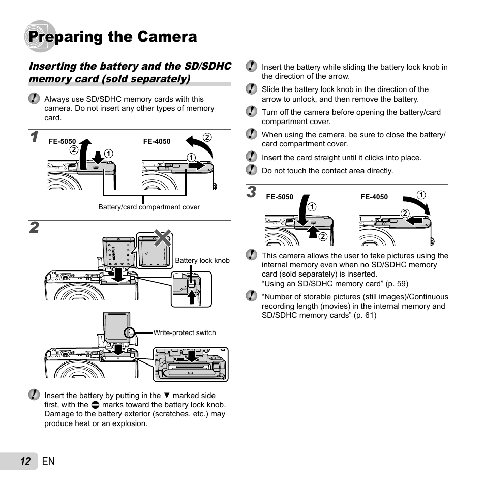 Preparing the camera, 12 en | Olympus FE-4050 User Manual | Page 12 / 75