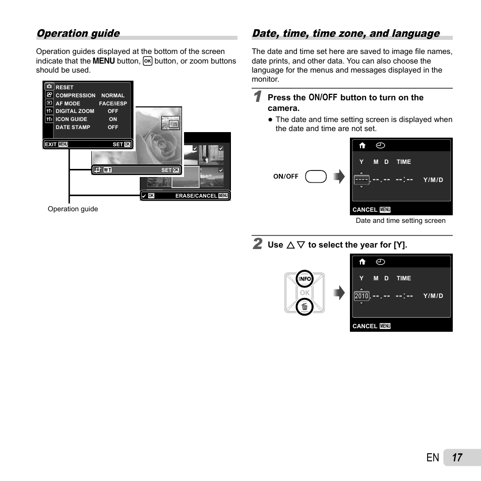 17 en, Operation guide, Date, time, time zone, and language | Olympus FE-4050 User Manual | Page 17 / 75