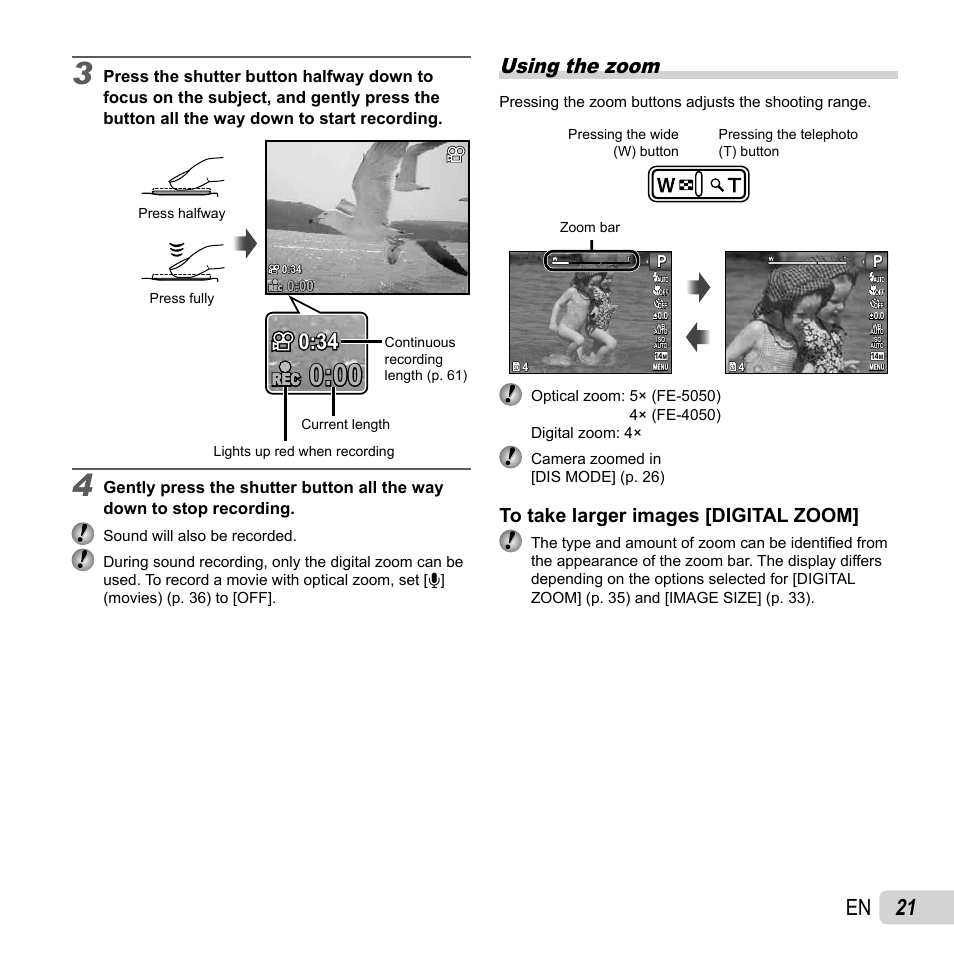 21 en, Using the zoom | Olympus FE-4050 User Manual | Page 21 / 75
