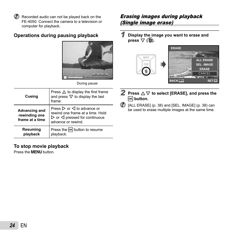 24 en, Operations during pausing playback | Olympus FE-4050 User Manual | Page 24 / 75
