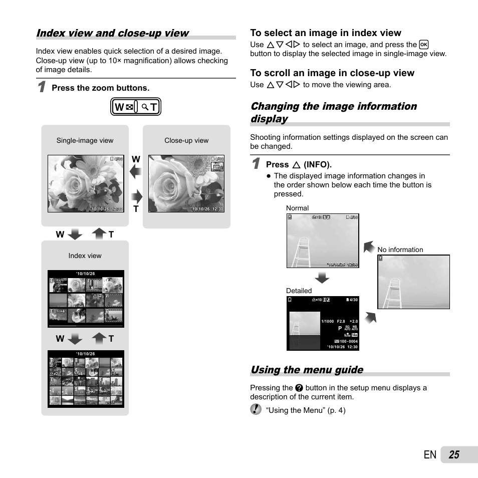 25 en, Index view and close-up view, Changing the image information display | Using the menu guide, Press the zoom buttons, Press f (info) | Olympus FE-4050 User Manual | Page 25 / 75