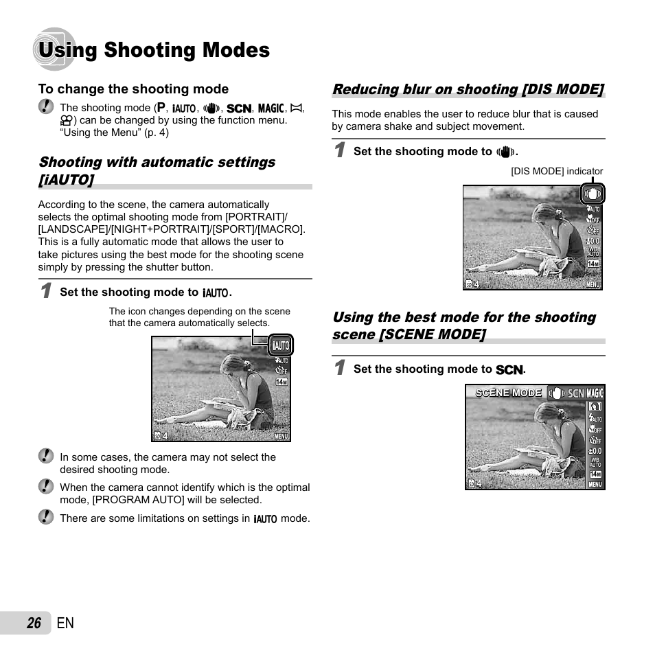 Using shooting modes, 26 en, Shooting with automatic settings [iauto | Reducing blur on shooting [dis mode | Olympus FE-4050 User Manual | Page 26 / 75