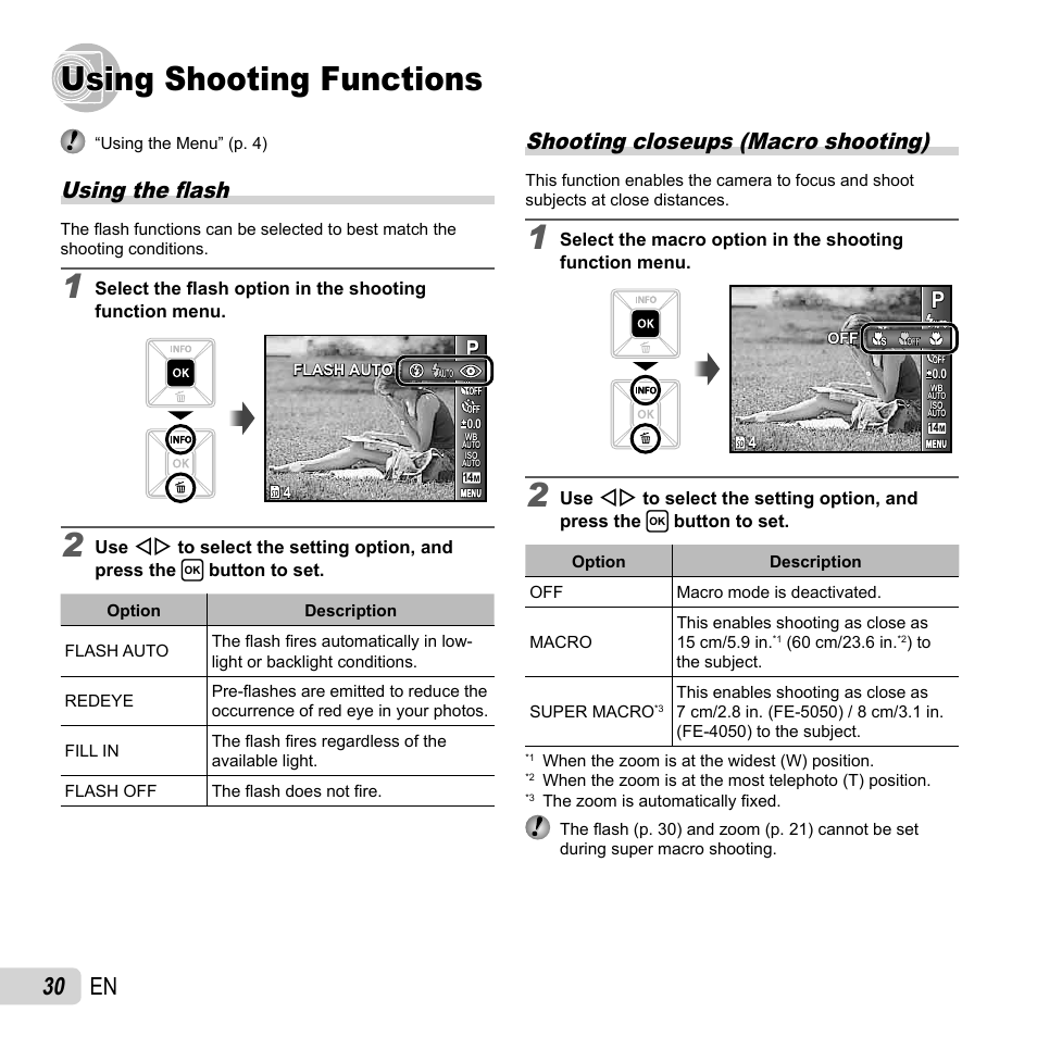 Using shooting functions, 30 en, Using the fl ash | Shooting closeups (macro shooting) | Olympus FE-4050 User Manual | Page 30 / 75