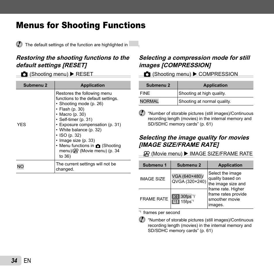 Menus for shooting functions, 34 en | Olympus FE-4050 User Manual | Page 34 / 75