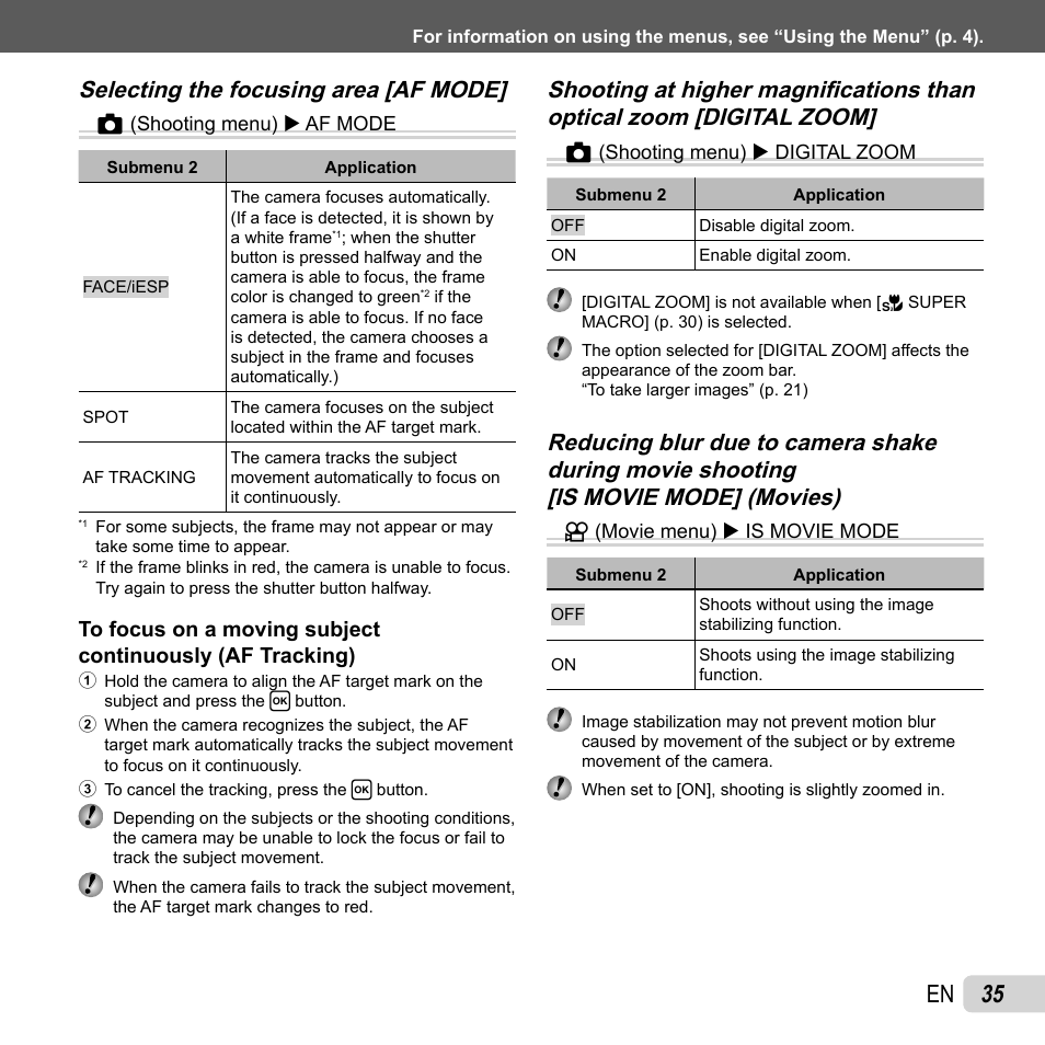 35 en, Selecting the focusing area [af mode, Selecting the focusing area [af mode] z | Olympus FE-4050 User Manual | Page 35 / 75