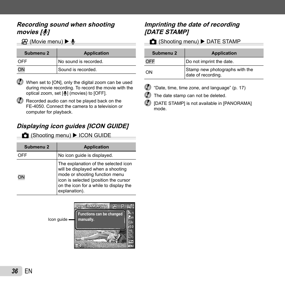 36 en, Displaying icon guides [icon guide, Displaying icon guides [icon guide] z | Olympus FE-4050 User Manual | Page 36 / 75
