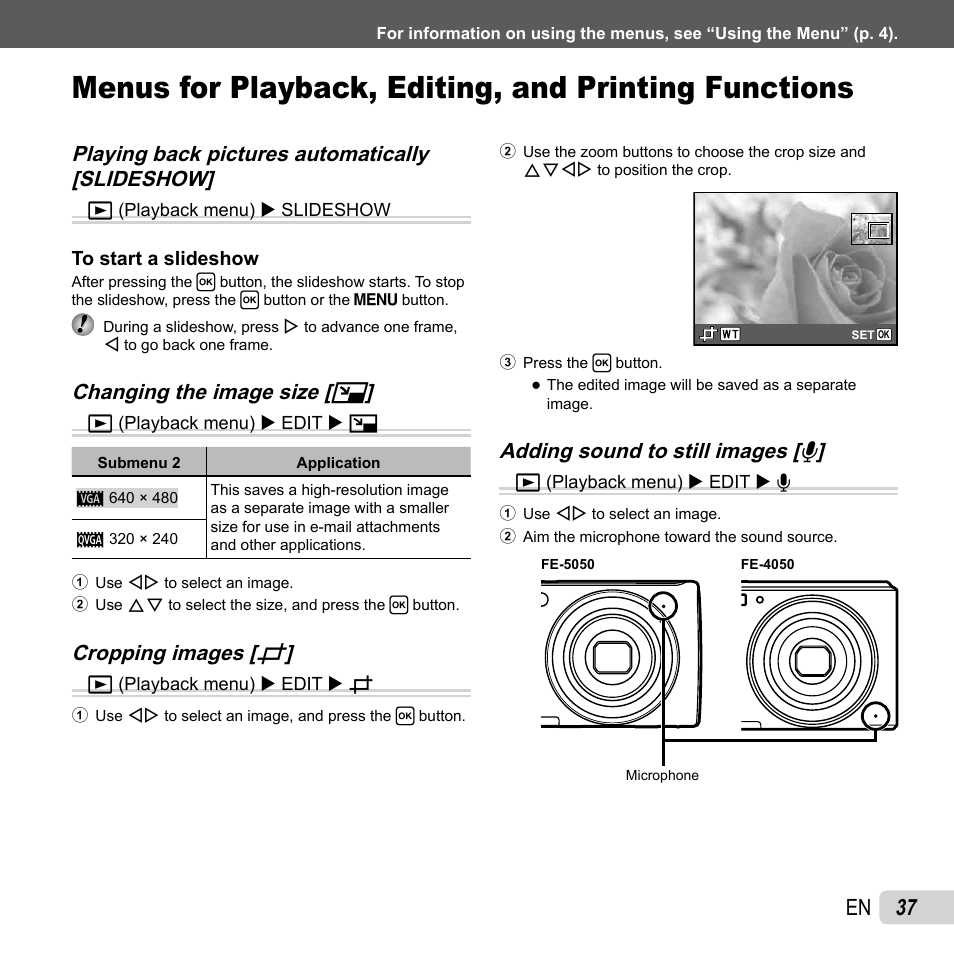 37 en, Changing the image size, Changing the image size [ q q | Cropping images, Cropping images [ p p | Olympus FE-4050 User Manual | Page 37 / 75