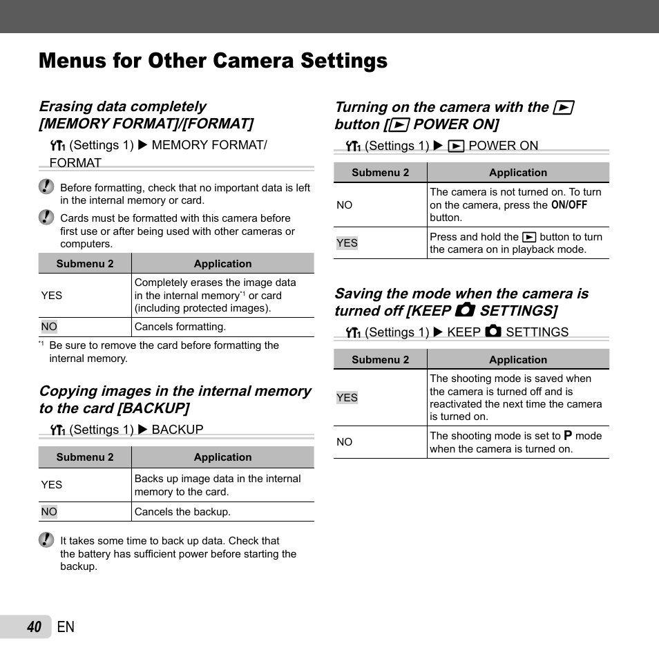 Menus for other camera settings, 40 en, Turning on the camera with the | Olympus FE-4050 User Manual | Page 40 / 75