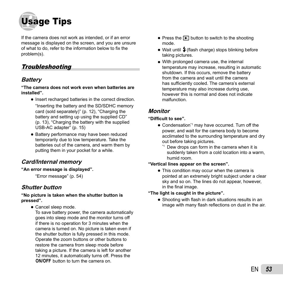 Usage tips, 53 en, Troubleshooting | Olympus FE-4050 User Manual | Page 53 / 75