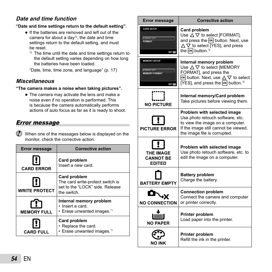 54 en, Error message, Date and time function | Miscellaneous | Olympus FE-4050 User Manual | Page 54 / 75