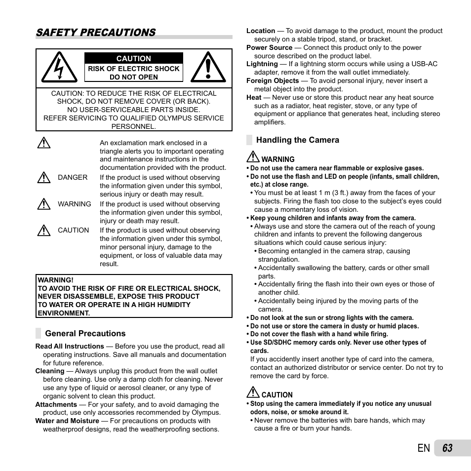 63 en, Safety precautions | Olympus FE-4050 User Manual | Page 63 / 75