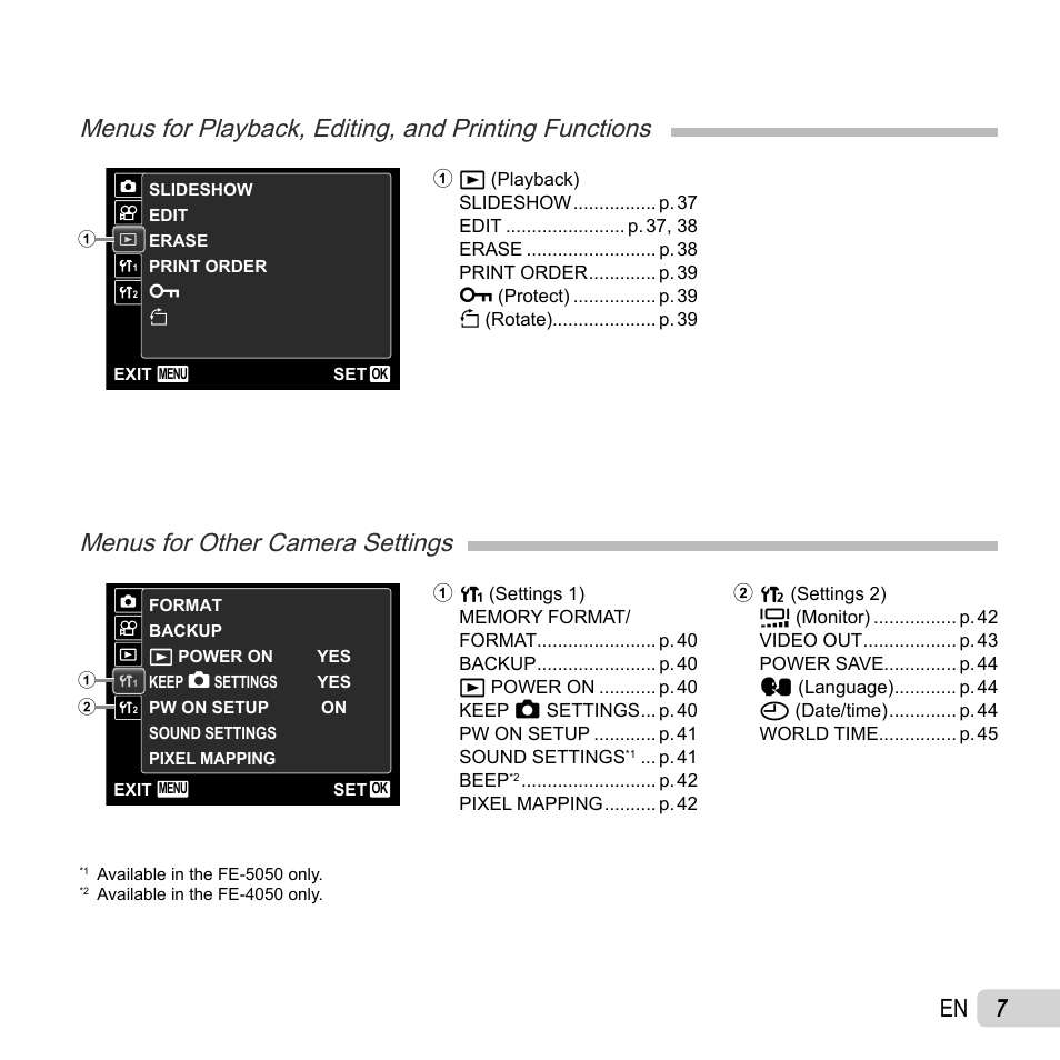 Menus for other camera settings | Olympus FE-4050 User Manual | Page 7 / 75