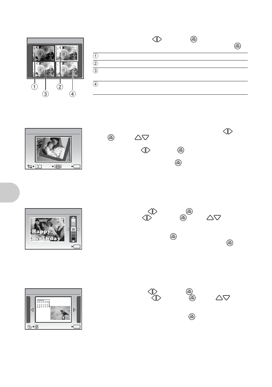 Changing the color of pictures, Add a frame to your picture, Add a label to your picture | Create a calendar print with a picture, Menu ope rati ons | Olympus 1030 SW User Manual | Page 32 / 80