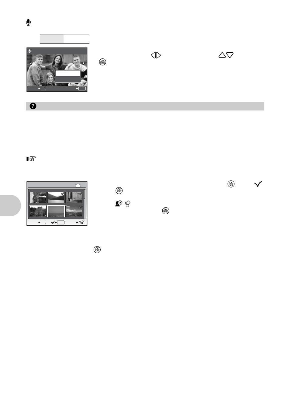 Adding sound to still pictures, Erase selected pictures/erase all pictures, Erase by selecting the single-frame | Menu ope rati ons, Erase, Sel. image, All erase | Olympus 1030 SW User Manual | Page 34 / 80