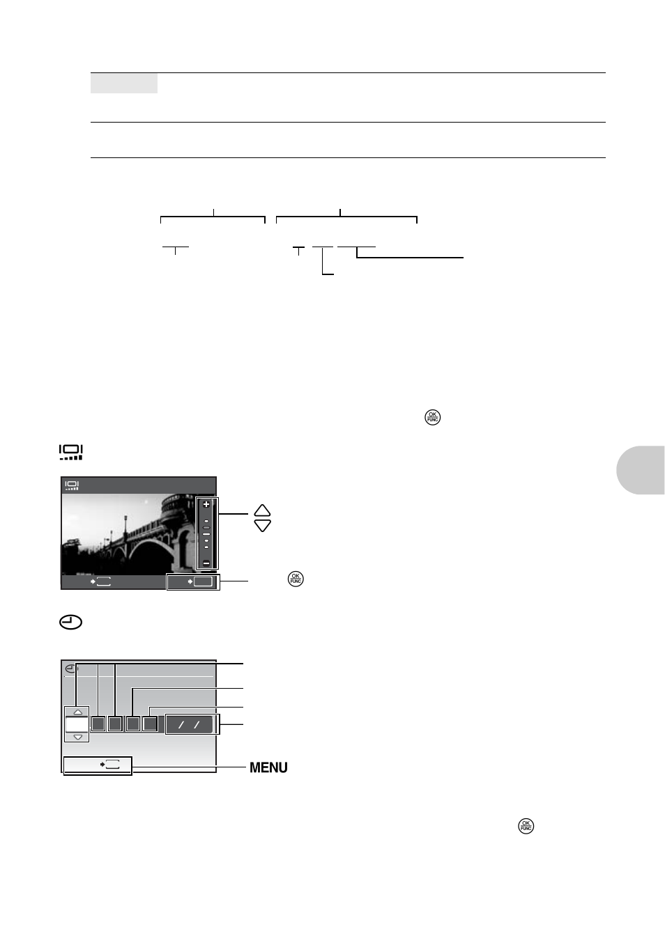 Resetting the file names of pictures, Adjusting the image processing function, Adjusting the brightness of monitor | Setting the date and time, Me nu opera tions | Olympus 1030 SW User Manual | Page 37 / 80