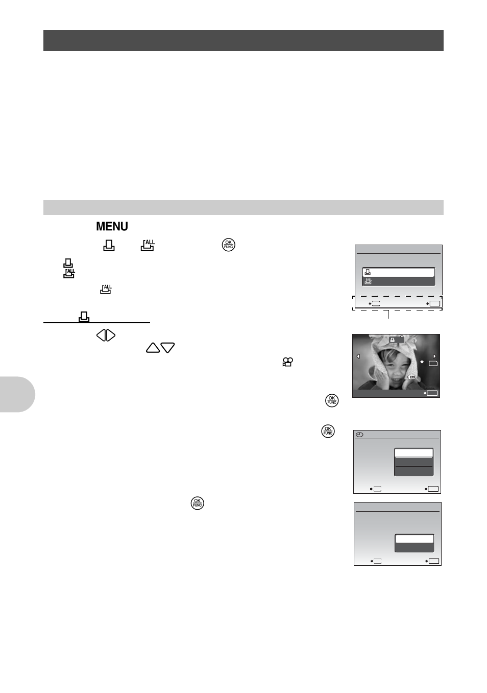 Print settings (dpof), Making a print reservation, Pri nti ng pi ct ures | Select [ < ] or [ u ], and press o, When you finish making print reservations, press o, Select [set], and press o, When [ < ] is selected | Olympus 1030 SW User Manual | Page 44 / 80