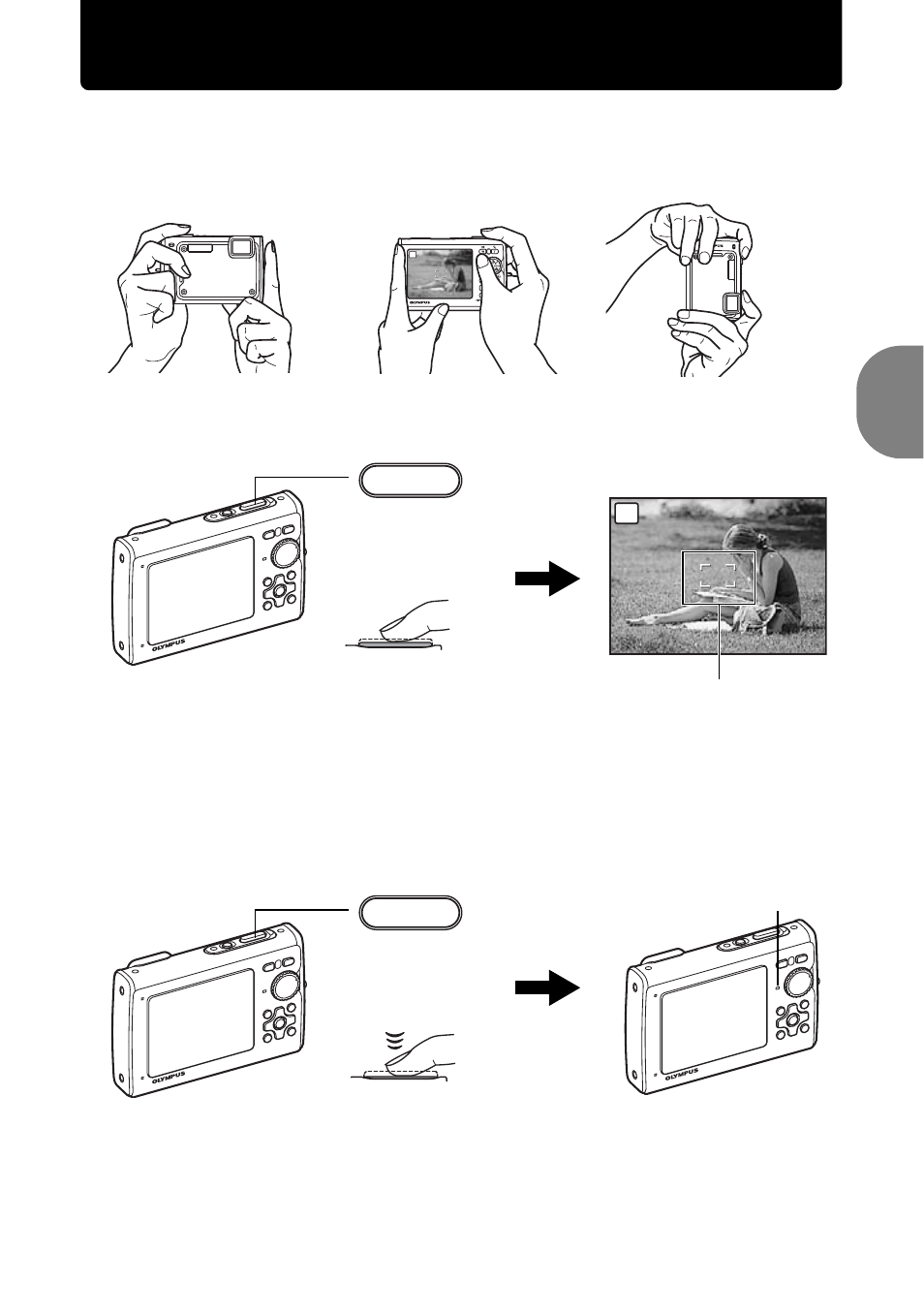 Take a picture, A. hold the camera. c. shoot, B. focus | Quick start guide | Olympus 1030 SW User Manual | Page 9 / 80