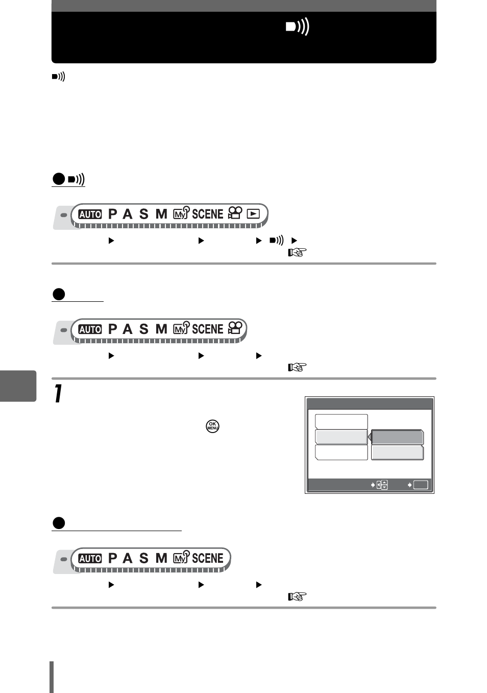 Setting camera sounds, Beep/shutter sound/volume), P. 112 | Beep/ shutter sound/volume) | Olympus SP-350 User Manual | Page 112 / 195