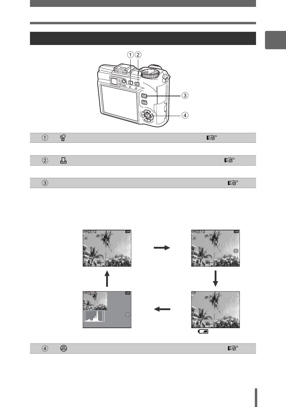 Using the direct buttons in playback mode, Ba si c op e ra tio n, Direct buttons | The histogram is displayed, Only f is displayed | Olympus SP-350 User Manual | Page 13 / 195