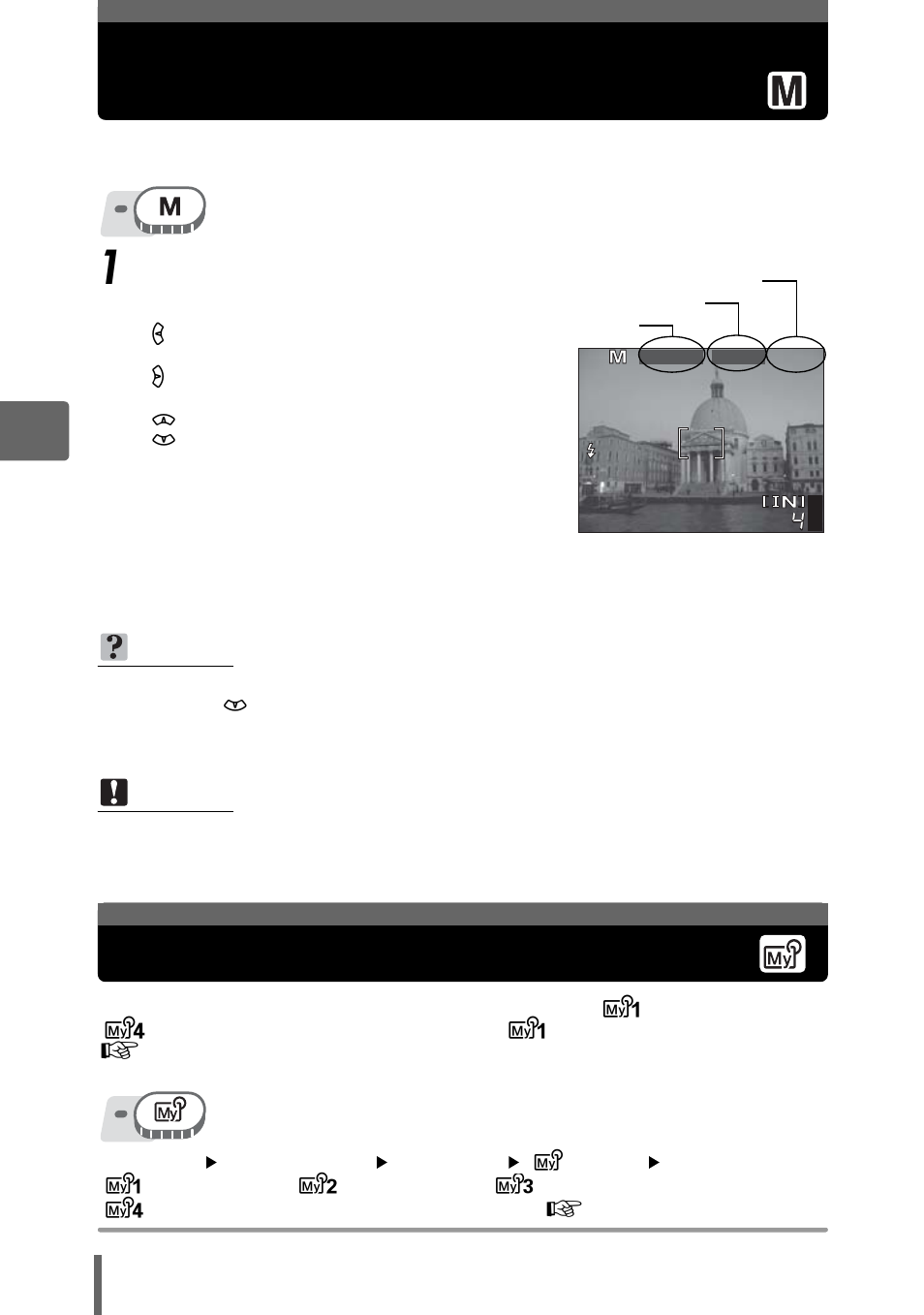 My mode, Changing the aperture value and, Shutter speed for shooting pictures | Changing the aperture value and shutter speed, For shooting pictures” (p. 56), G“my mode” (p. 56) | Olympus SP-350 User Manual | Page 56 / 195