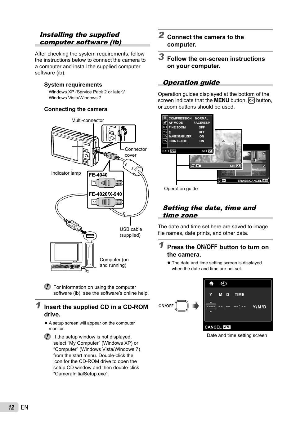 Operation guide, Setting the date, time and time zone, Insert the supplied cd in a cd-rom drive | Connect the camera to the computer, Follow the on-screen instructions on your computer, Press the n button to turn on the camera | Olympus FE-4040 User Manual | Page 12 / 61