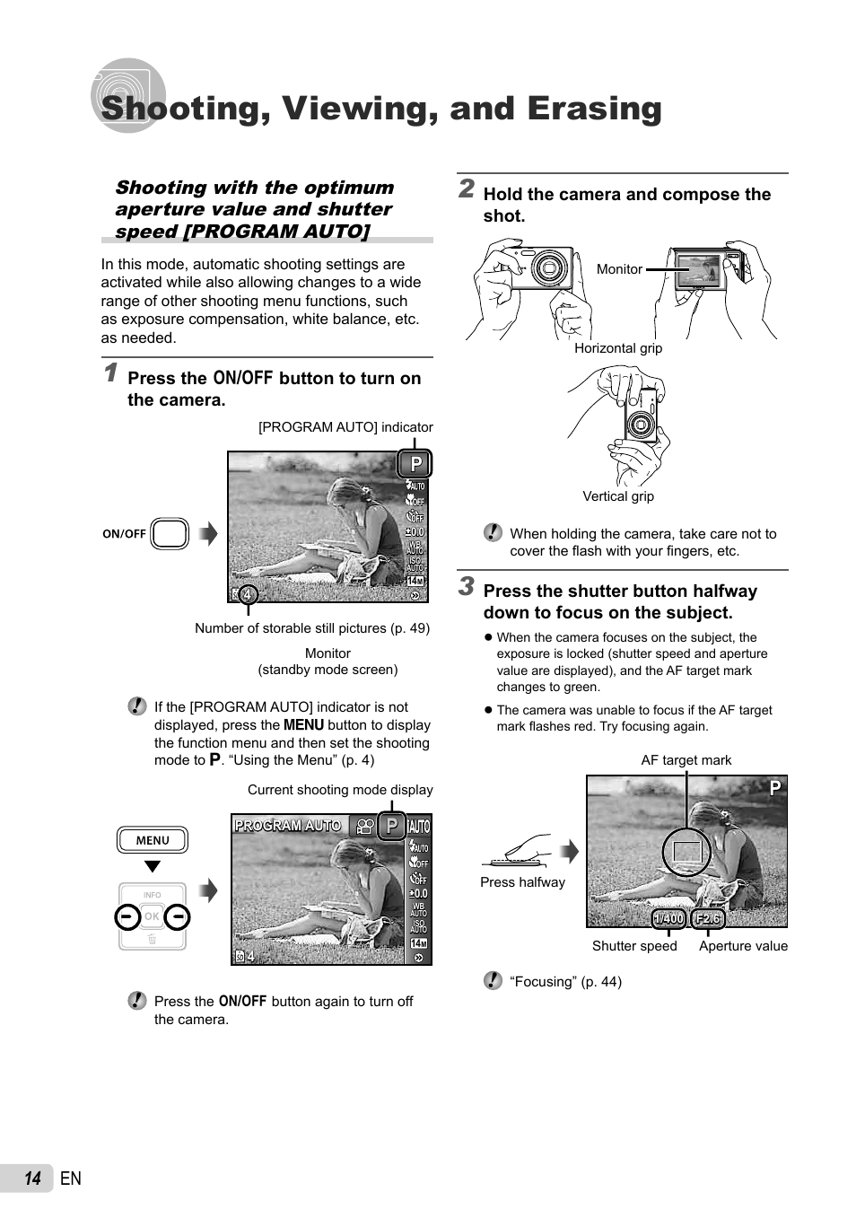 Shooting, viewing, and erasing, 14 en, Hold the camera and compose the shot | Press the n button to turn on the camera | Olympus FE-4040 User Manual | Page 14 / 61