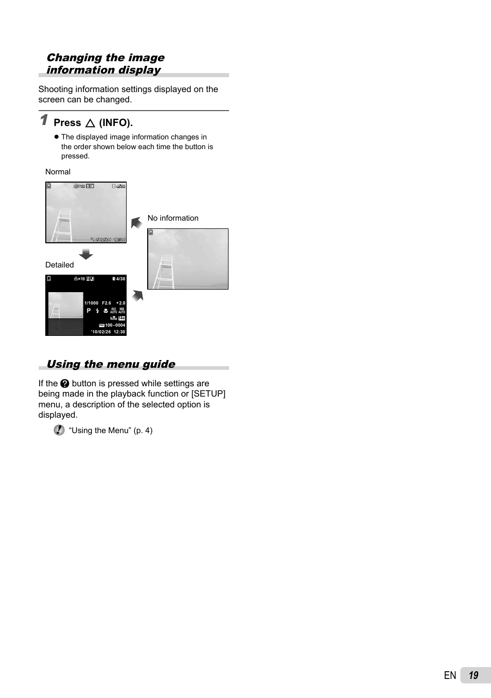 19 en changing the image information display, Using the menu guide, Press f (info) | Olympus FE-4040 User Manual | Page 19 / 61