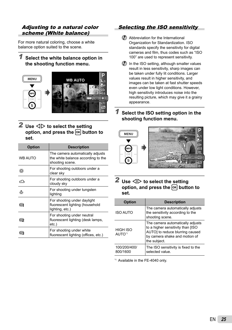 Selecting the iso sensitivity | Olympus FE-4040 User Manual | Page 25 / 61