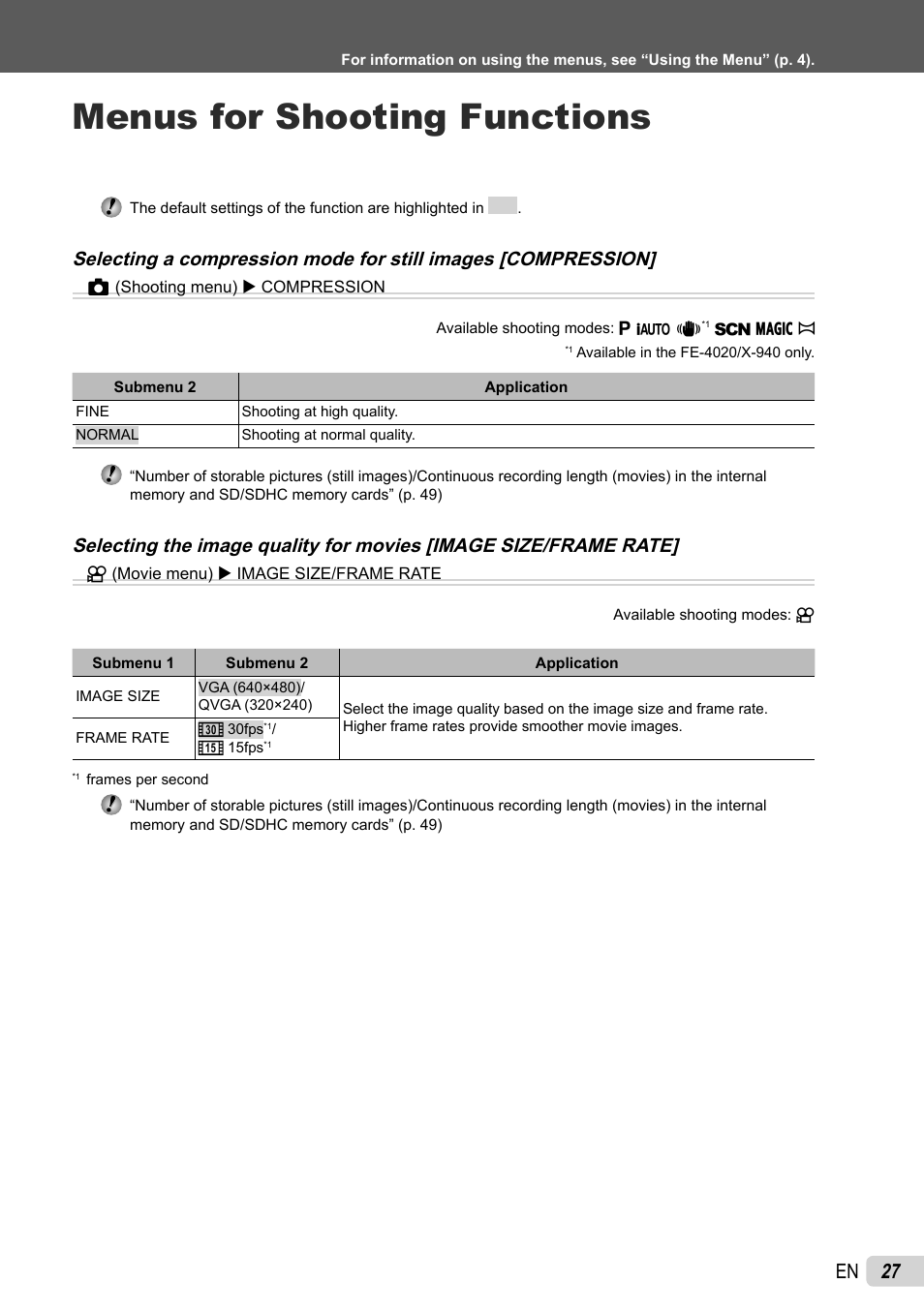 Menus for shooting functions, 27 en | Olympus FE-4040 User Manual | Page 27 / 61