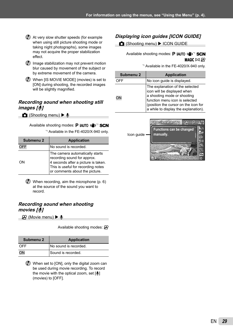 29 en, Recording sound when shooting still images [ r ] z, Recording sound when shooting movies [ r | Displaying icon guides [icon guide] z | Olympus FE-4040 User Manual | Page 29 / 61