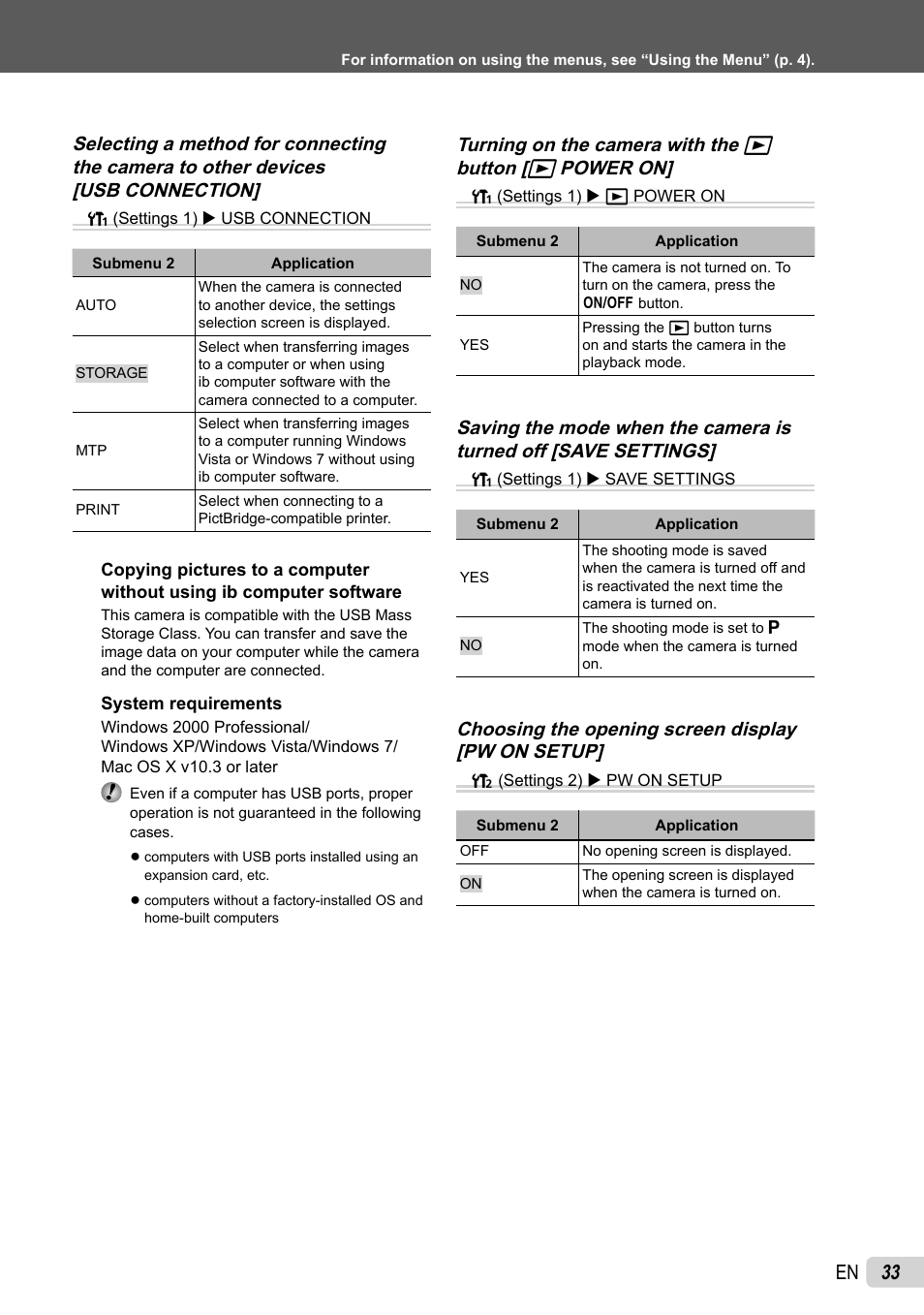 33 en, Choosing the opening screen display [pw on setup | Olympus FE-4040 User Manual | Page 33 / 61